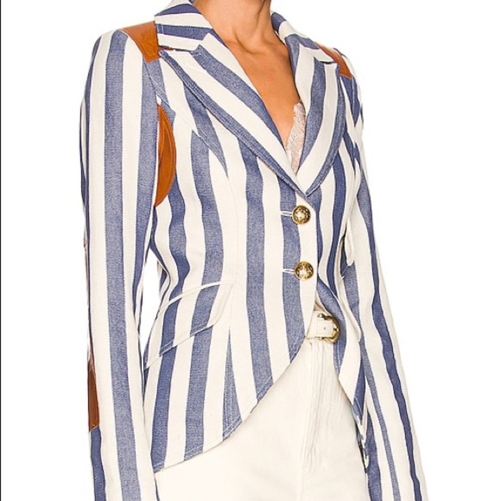 Smythe Rifle-Patch Equestrian Blazer Indigo Blue Stripe Tan Whiskey Leather NWT